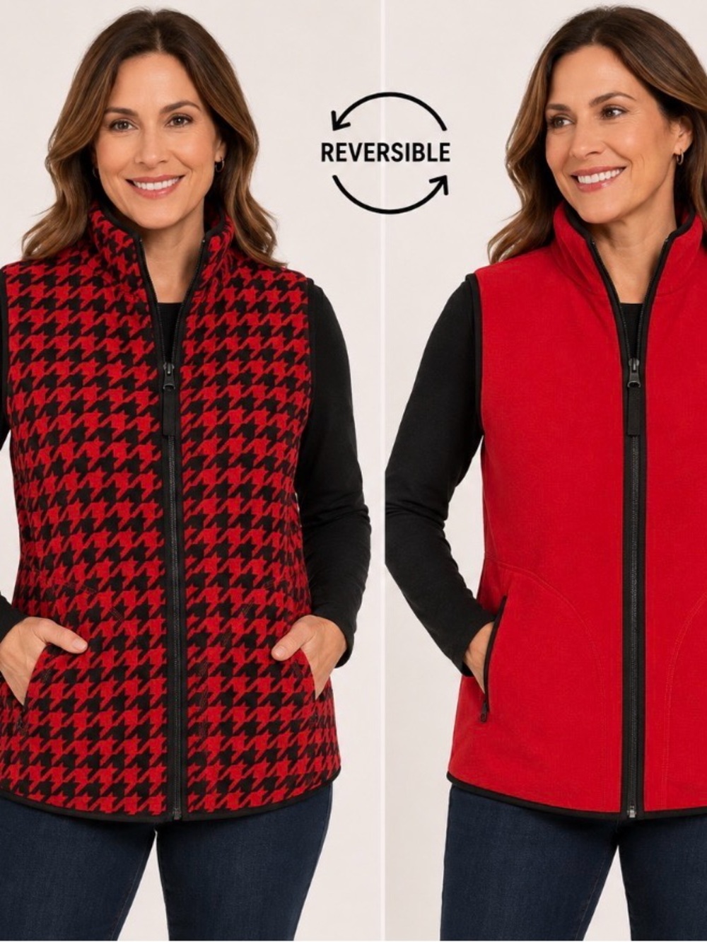 Kim Rogers Size SMALL Reversible Houndstooth Red Black Full Zip Fleece Vest